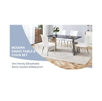 Black Marble-Patterned Table with Butterfly Legs & 4 Striped Pu Chairs