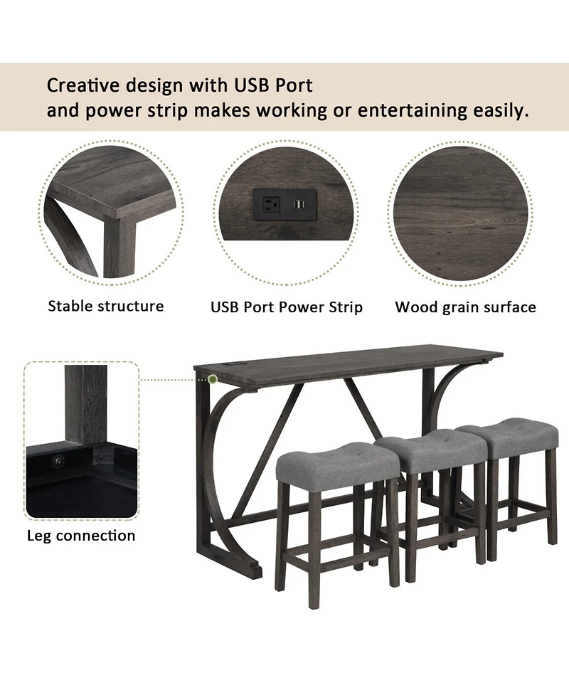 Streamdale 4-Piece Bar Table Set with Power Outlet and Padded Stools