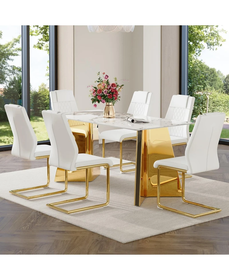 Streamdale Pandora Sintered Stone Table and White Pu Chairs with Golden Legs