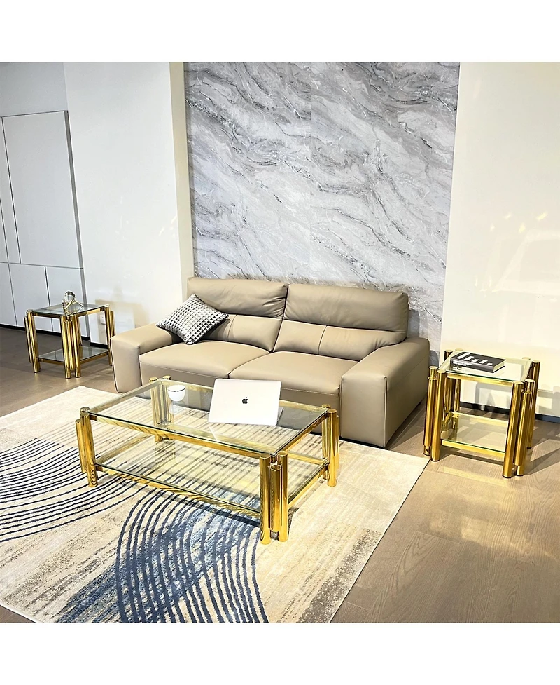 Streamdale Modern 3-Piece Coffee Table Set Stainless Steel, Clear Glass, Gold