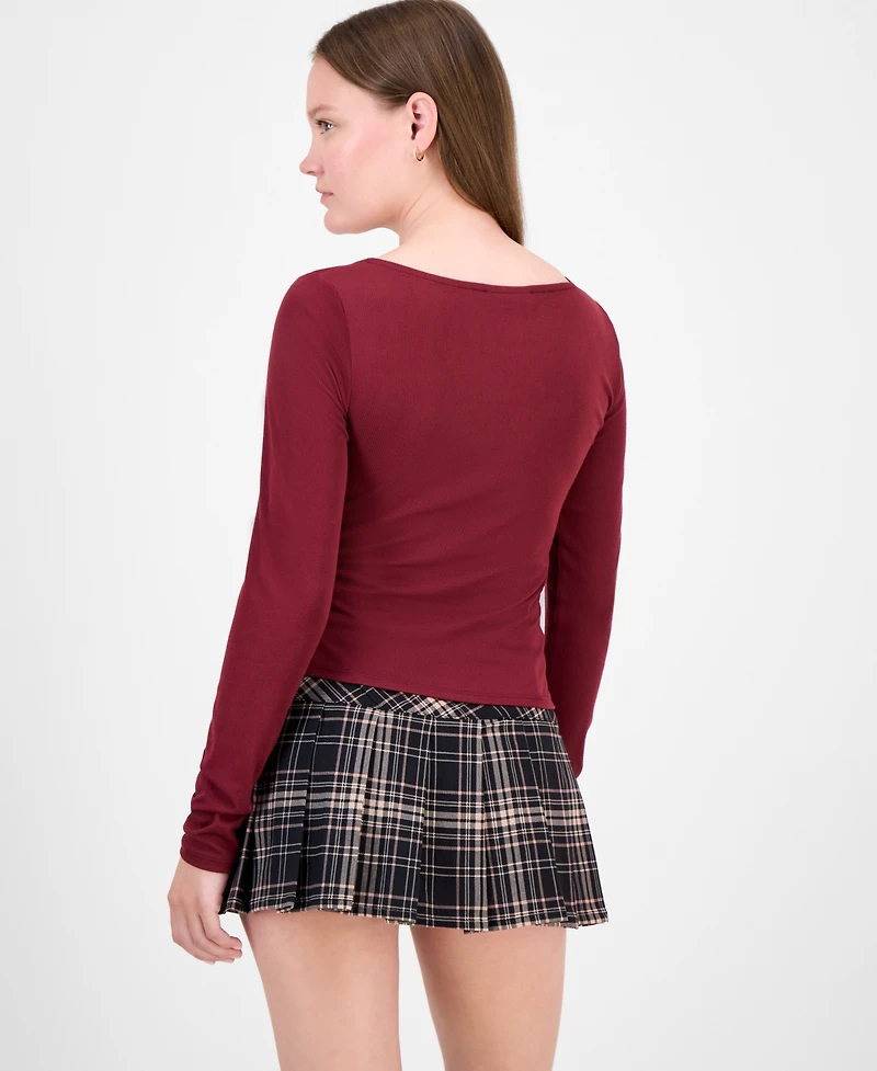 Just Polly Juniors' Lace-Trim Sweetheart-Neck Knit Top