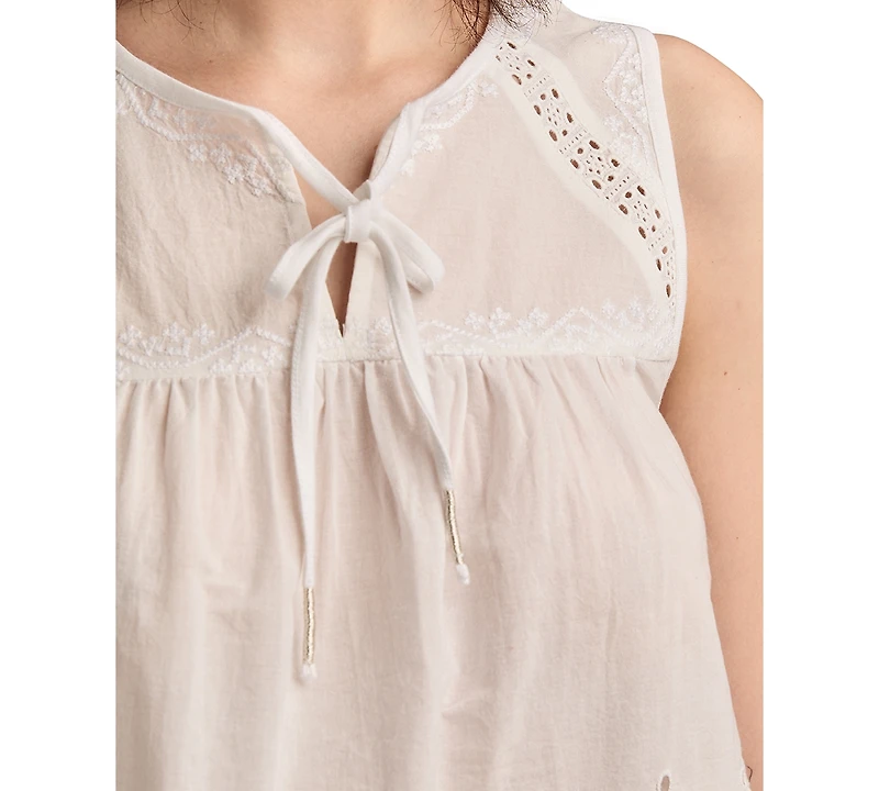 Lucky Brand Women's Embroidered Cotton Tie-Neck Top
