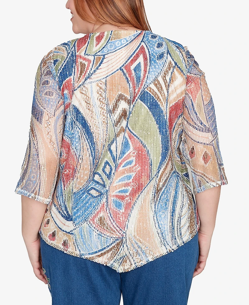 Alfred Dunner Plus El Paso Printed Leaf Textured Top with Necklace