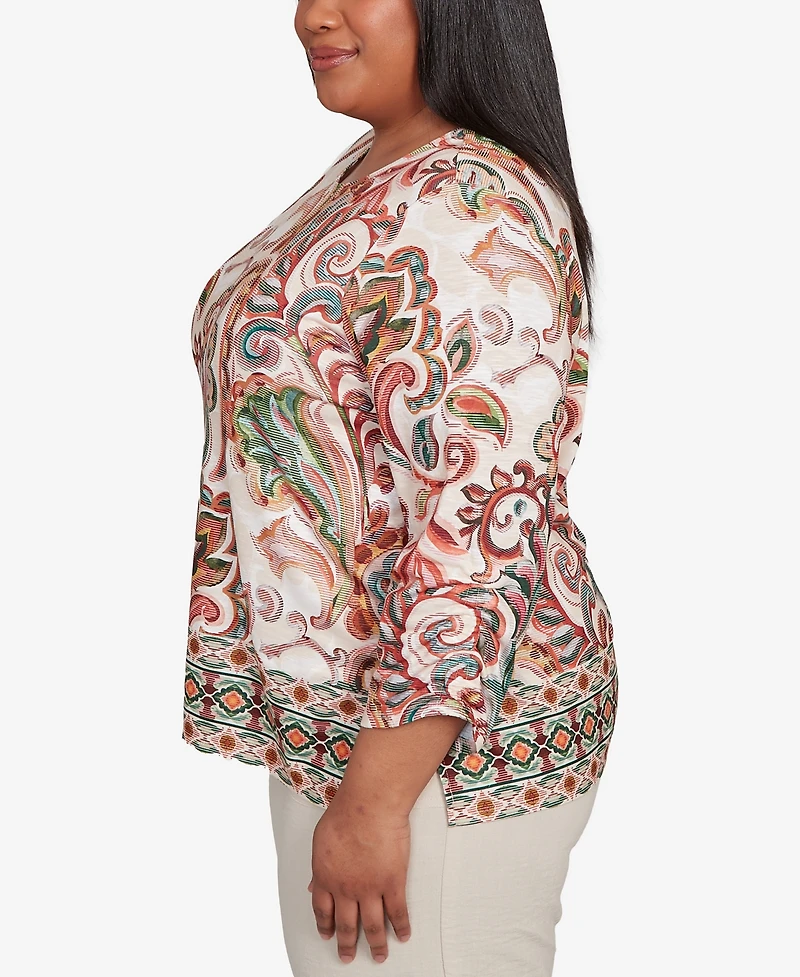 Alfred Dunner Plus Copper Canyon Textured Scroll Border Ruched Sleeves Top