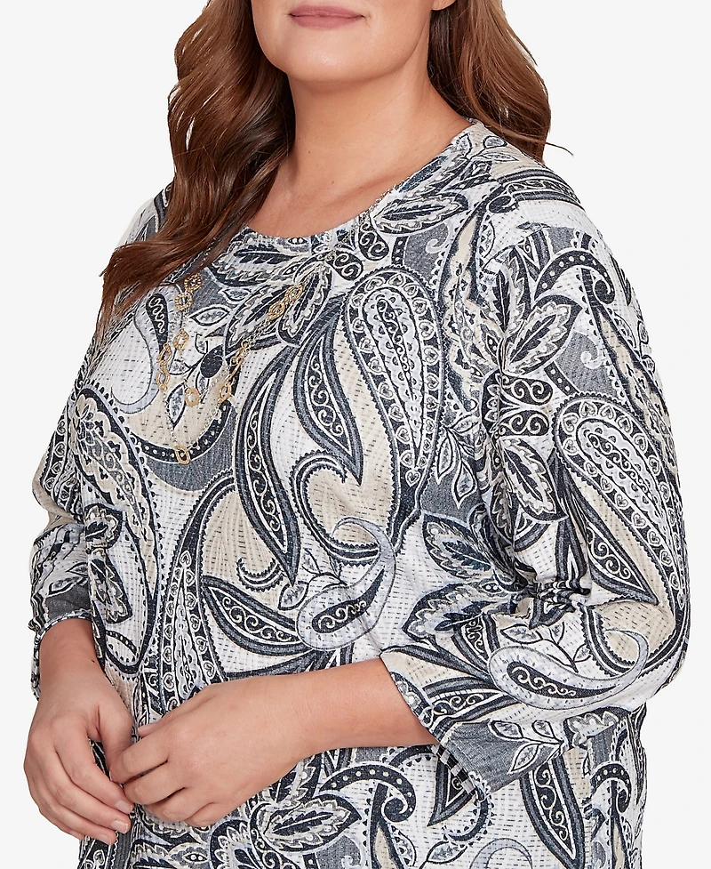 Alfred Dunner Plus Santa Barbara Reversible Paisley Top With Necklace