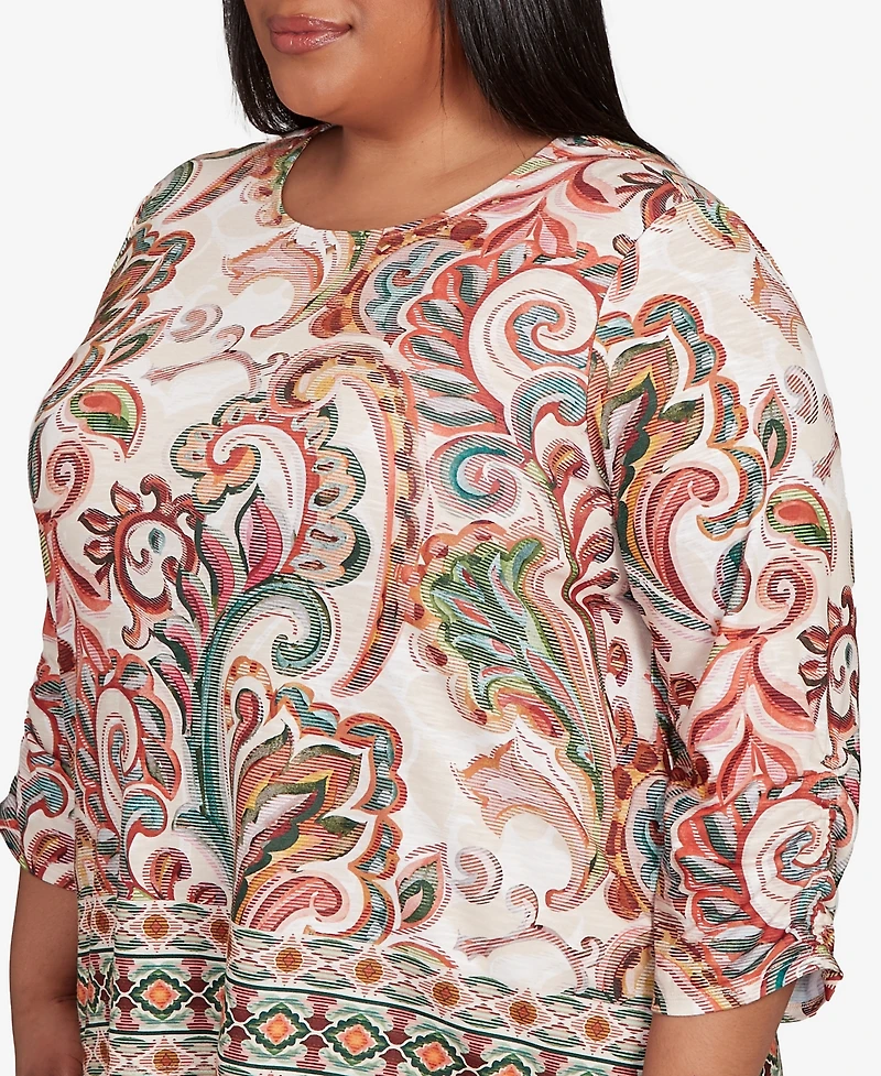Alfred Dunner Plus Copper Canyon Textured Scroll Border Ruched Sleeves Top