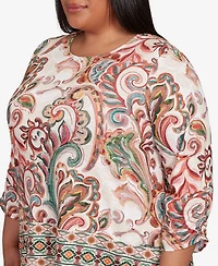 Alfred Dunner Plus Copper Canyon Textured Scroll Border Ruched Sleeves Top