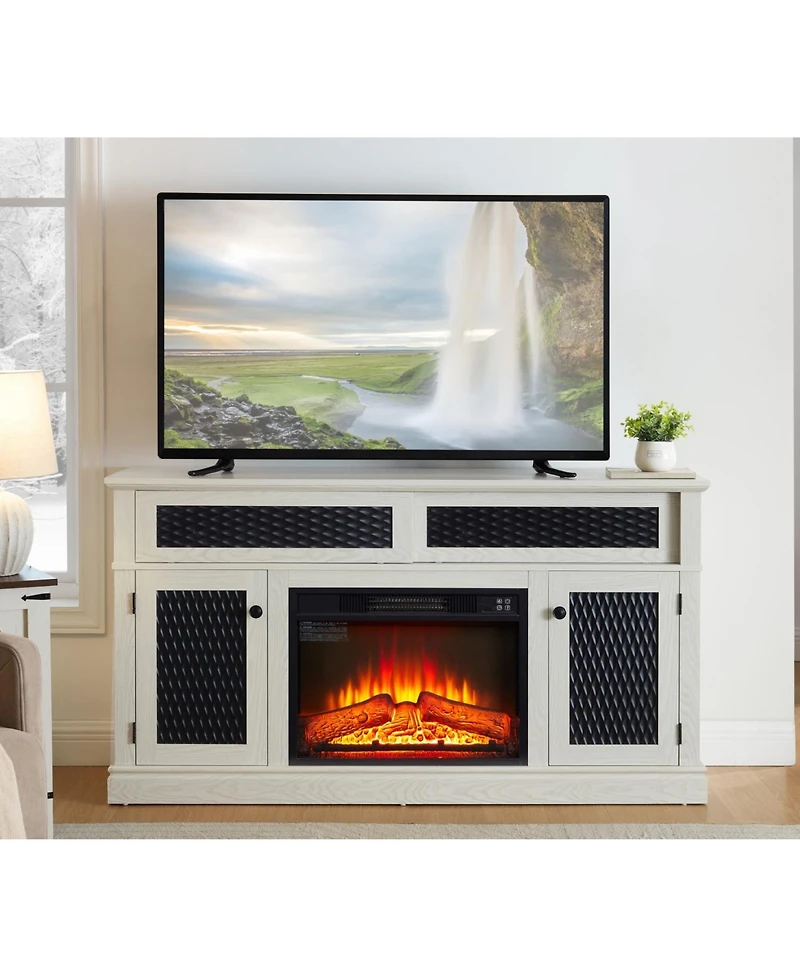 Streamdale Embossed Tv Stand with 23" Fireplace, Media Console with Storage, White (58.3"W x 31.7"H)