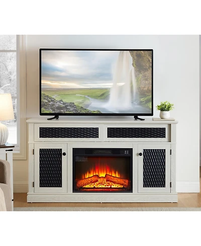 Streamdale Embossed Tv Stand with 23" Fireplace, Media Console with Storage, White (58.3"W x 31.7"H)