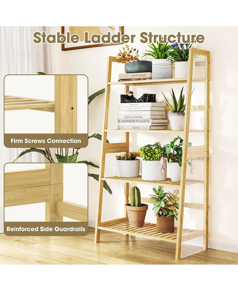 4-Tier Bamboo Ladder Shelf Multipurpose Bookcase, Plant Stand, or Storage Rack