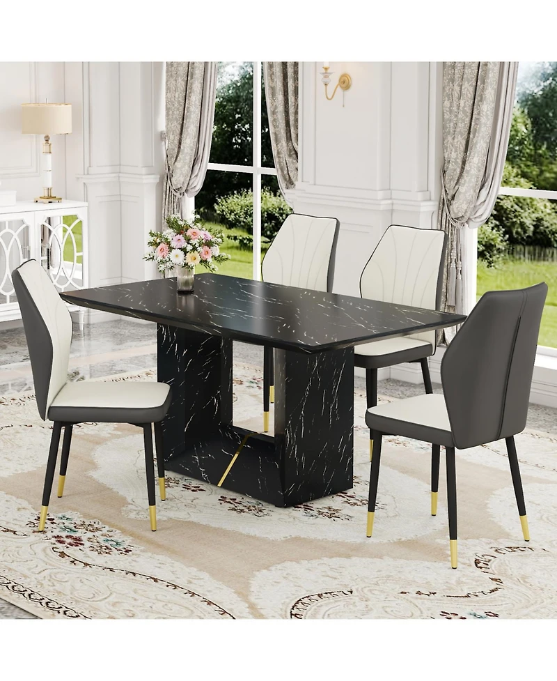Streamdale Black Marble Dining Set with White & Gray Pu Chairs
