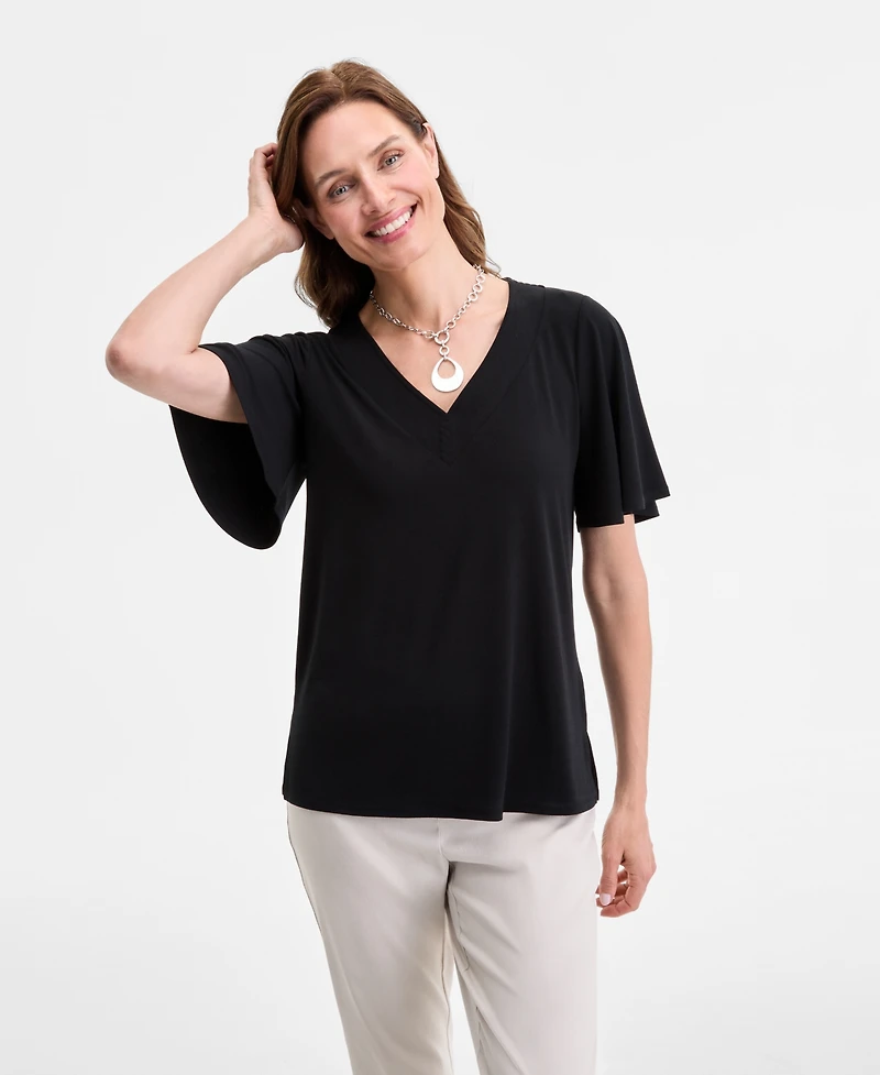 Jm Collection Petite V-Neck Trapunto-Stitch Crepe Top, Exclusively at Macy's