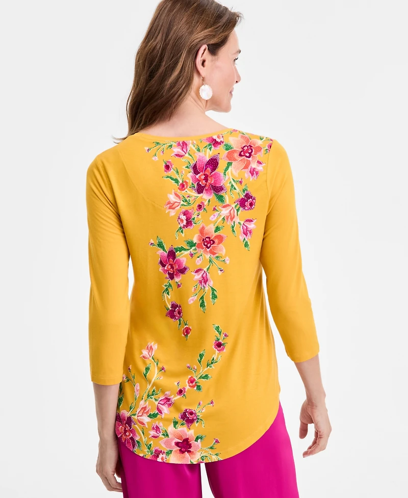 Jm Collection Petite Floral 3/4-Sleeve Top, Exclusively at Macy's
