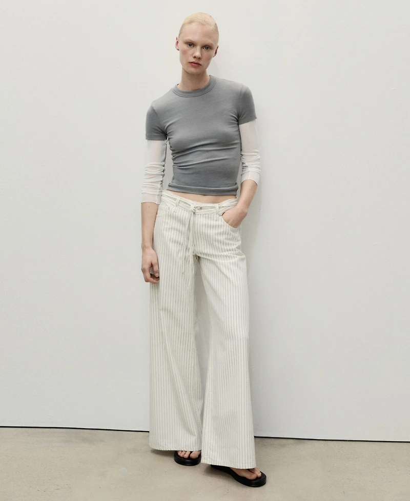 Mango Women's Stripes and Belt Wide Leg Jeans