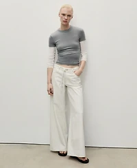 Mango Women's Stripes and Belt Wide Leg Jeans