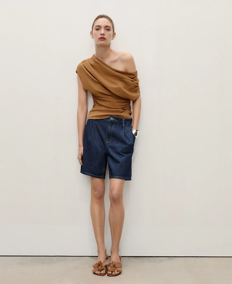 Mango Women's Rinse-Wash Denim Pleated Bermuda Shorts