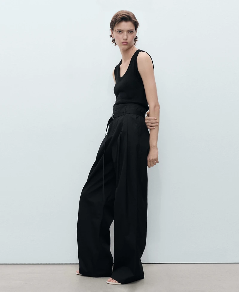 Mango Women's Belted Wide Leg Cotton Pants