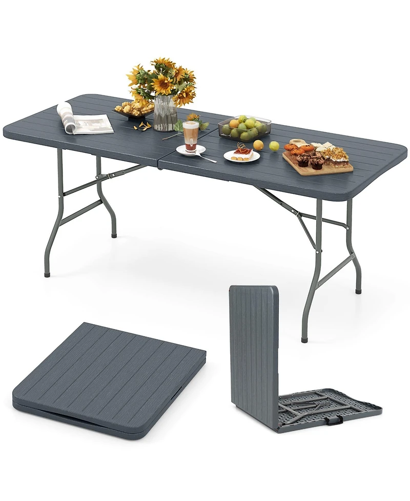 6 Feet Folding Table with Wood Grain Hdpe Tabletop and Safe Lock Mechanism