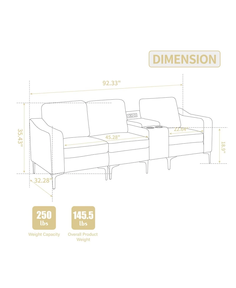 Convertible Sectional Corduroy Sofa with Cupholders, Usb,Three-seater,Gray
