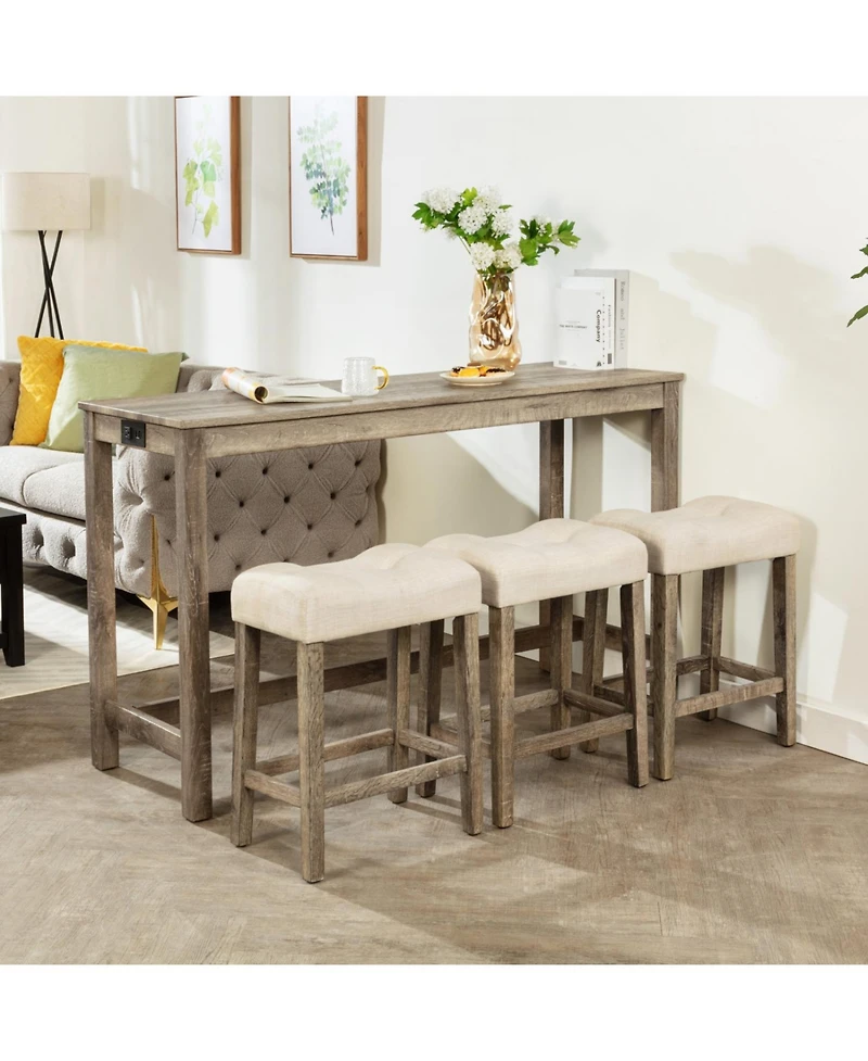 Streamdale Bar Table Set with 3 Stools & Power Outlet - Brown