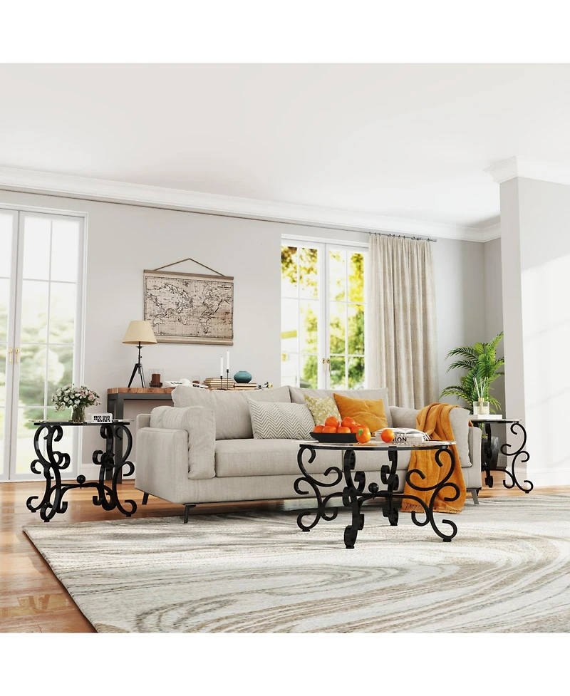 Streamdale Tempered Glass 3-Piece Coffee Table Set with Sturdy Base (Rustic Black