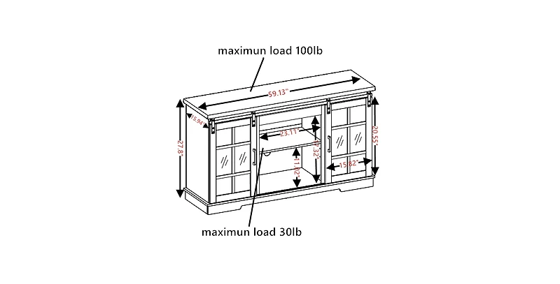 Streamdale Furniture Sliding Door Tv Cabinet with Glass Doors and Adjustable Shelves, 59"W x 15.9"D x 27.8"H