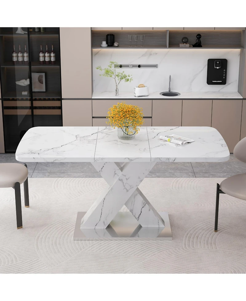 Modern Square Dining Table, Stretchable, with Printed White Marble Table Top+Mdf X-Shape Table Leg with Metal Base