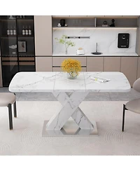 Modern Square Dining Table, Stretchable, with Printed White Marble Table Top+Mdf X-Shape Table Leg with Metal Base