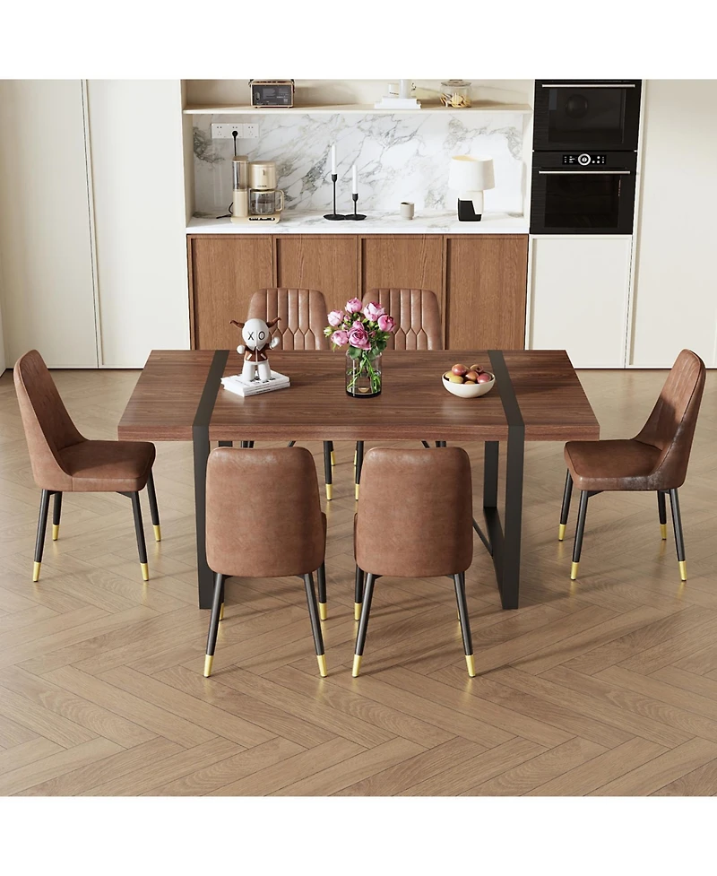 Streamdale Industrial Walnut Dining Set with 6 Brown Suede Chairs
