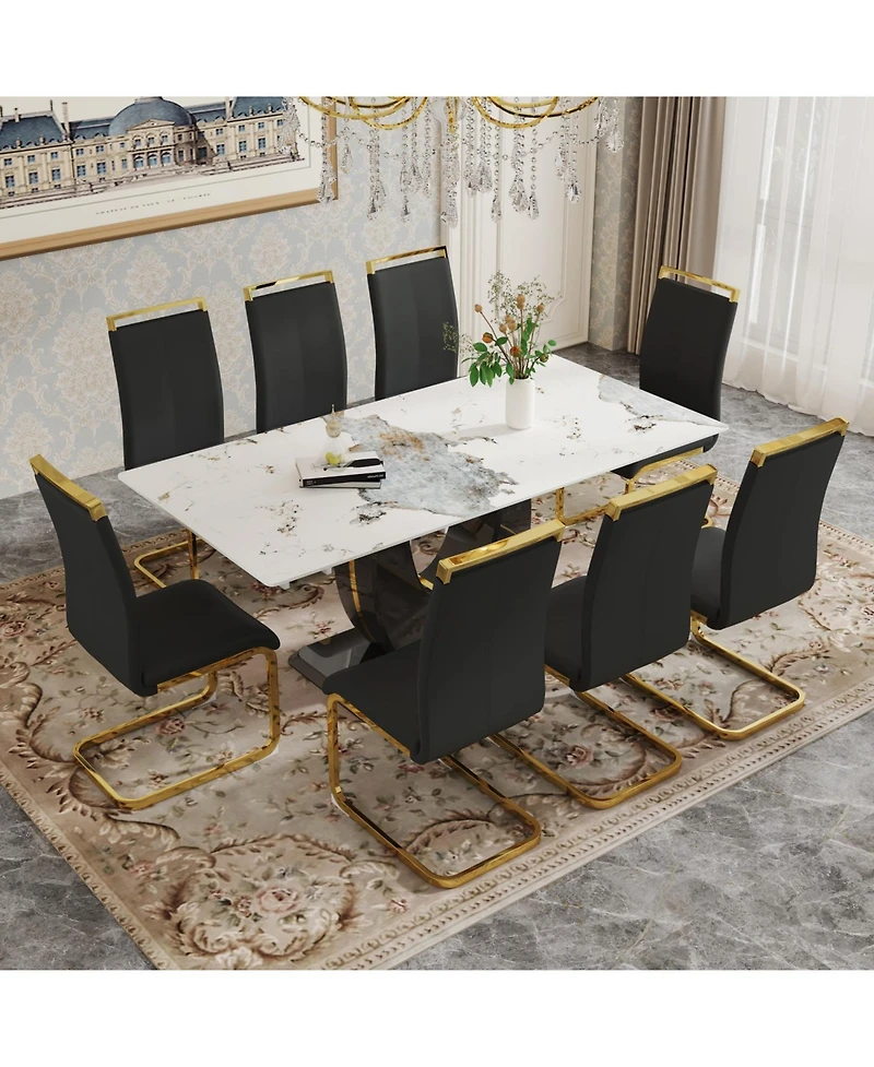 71" Subtle Luxury Pandora Glass Table with 8 Pu Chairs