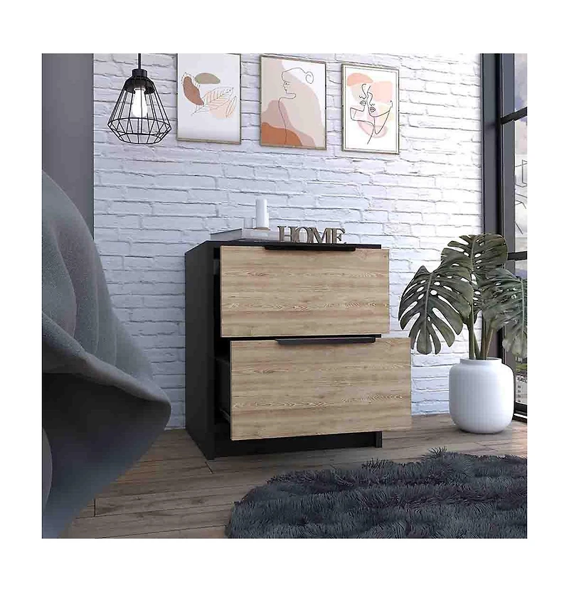 Two Drawer Faux Wood Nightstand for Lamps Books and Bedroom Organization
