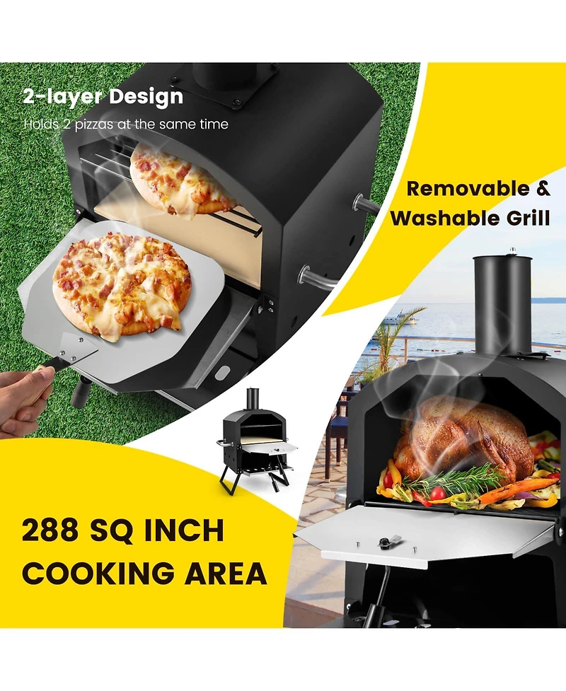 2-Layer Pizza Oven with Removable Cooking Rack and Folding Legs