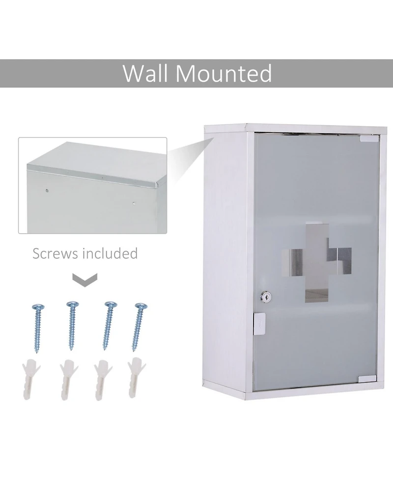 Wall Mounted Medicine Cabinet, Locking Wall Cabinet with 3 Tier Shelves, Stainless Steel Frame and Glass Door, Lockable with 2 Keys, Silver, 12"