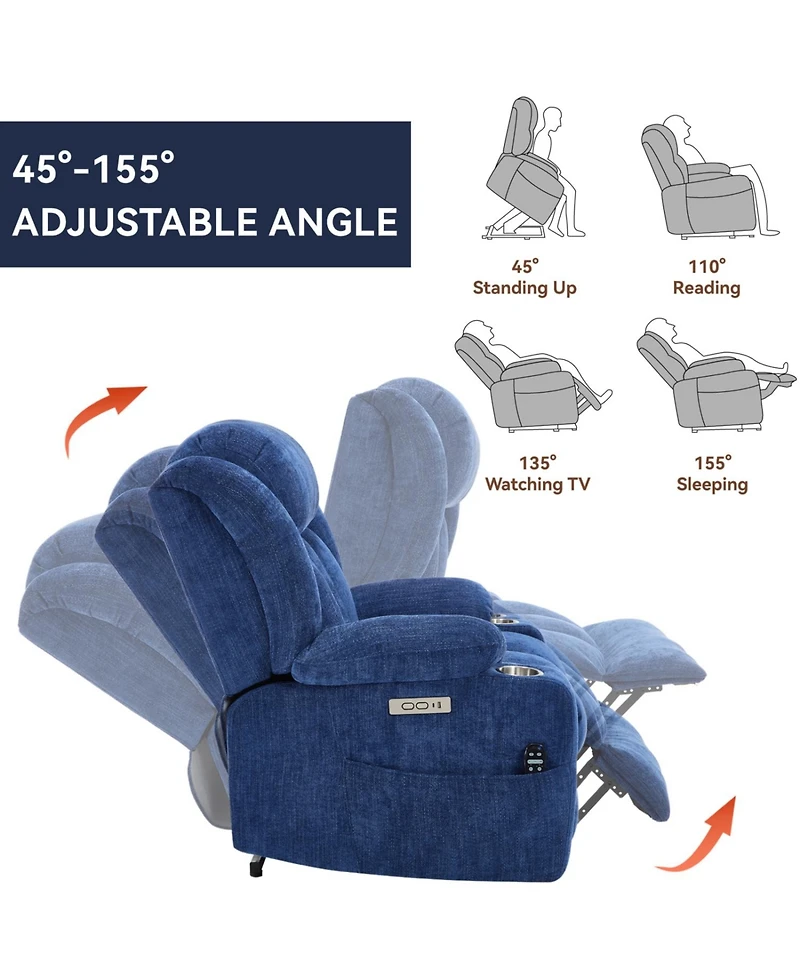 Streamdale Chenille Power Lift Recliner, Massage & Heat, Usb, Cup Holders