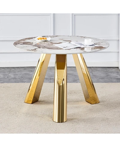 Streamdale 42-inch Round White Pattern Burning Stone Table with Gold Legs
