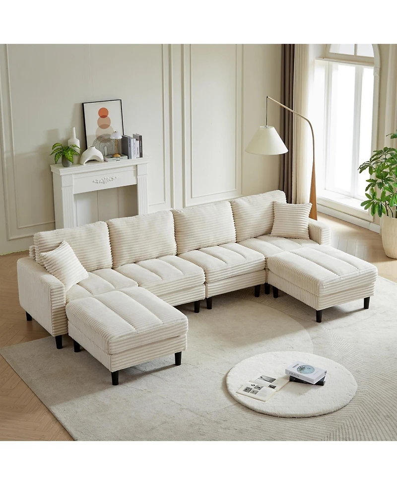Streamdale Oversized U-Shaped Corduroy Modular Sofa with Ottomans and Pillows