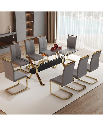 Streamdale Elegant Glass Dining Set with 8 Gray Chairs and Golden Metal Accents