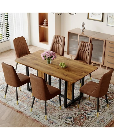 Streamdale Wood-Textured Mdf Dining Table Set with 6 Armless Suede Chairs