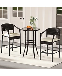 3-Piece Patio Rattan Bar Set with Tempered Glass Top for Backyard Poolside