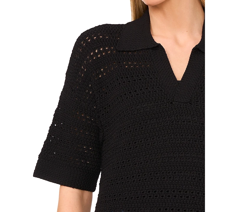 CeCe Women's Open-Knit Short-Sleeve Polo Sweater