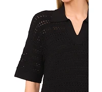 CeCe Women's Open-Knit Short-Sleeve Polo Sweater