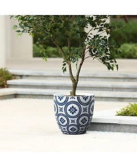 LuxenHome Blue and White Flower Pattern Round Tapered -Inch Tall Mgo Planter