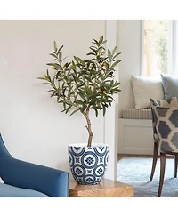 LuxenHome Blue and White Flower Pattern Round Tapered -Inch Tall Mgo Planter