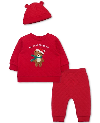 Little Me Baby Boys My 1st Christmas Bear Quilted Sweatshirt, Hat & Pants, 3 Piece Set