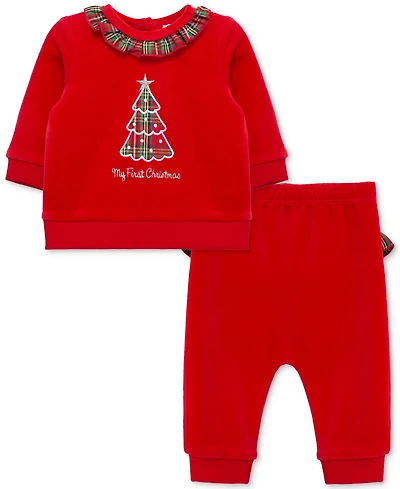 Little Me Baby Plaid Tree Velour Top & Pants, 2 Piece Set