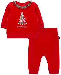 Little Me Baby Plaid Tree Velour Top & Pants, 2 Piece Set