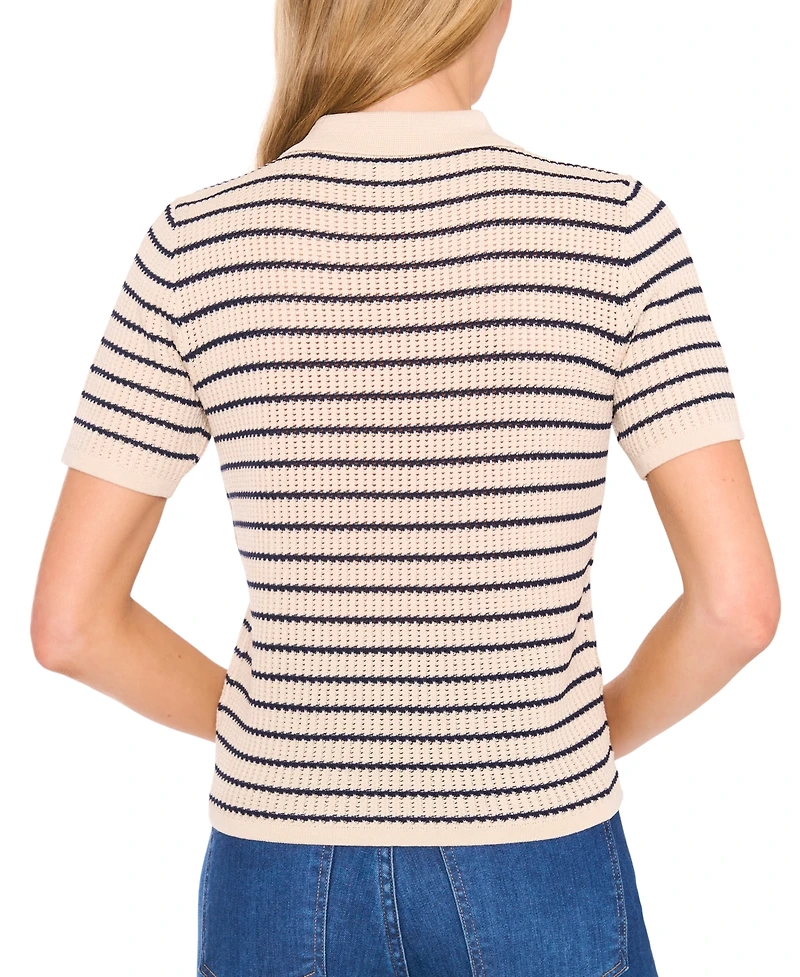 CeCe Women's Striped Short-Sleeve Polo Sweater