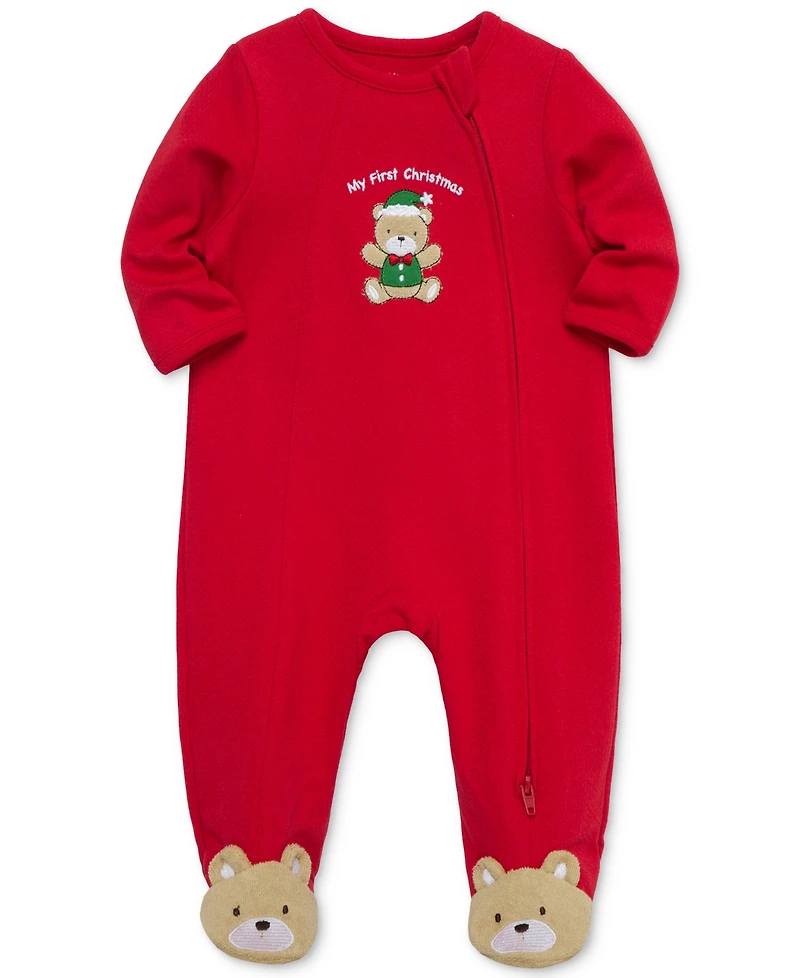 Little Me Baby Holiday Bear Cotton Footed Coverall