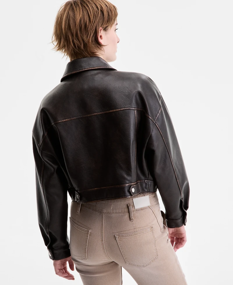 Sebby Women's Faux-Leather Vintage-Wash Bomber Jacket