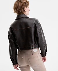 Sebby Women's Faux-Leather Vintage-Wash Bomber Jacket